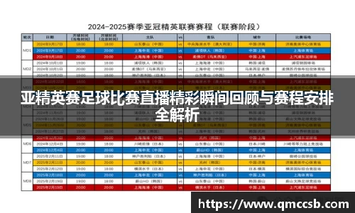 亚精英赛足球比赛直播精彩瞬间回顾与赛程安排全解析